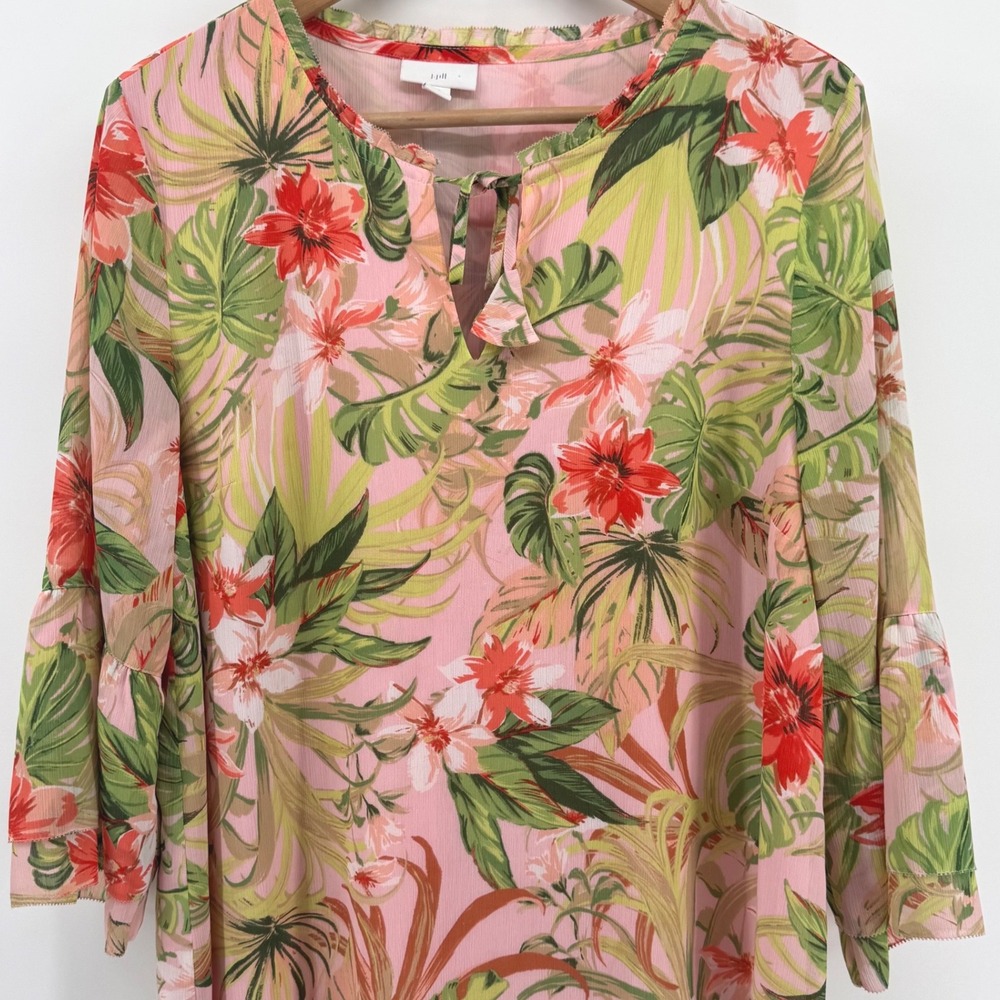 J.Jill Women's M Seashell Paradise Tropical Floral Chiffon Tunic Pin Bell Sleeve